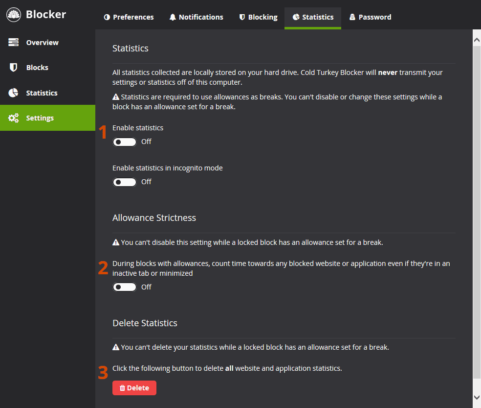 préférences du site Cold Turkey